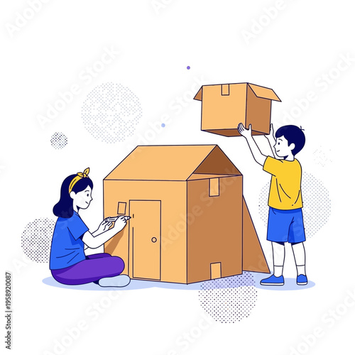 Creative Children Building Cardboard Fort Engaging Imagination Playtime Fun