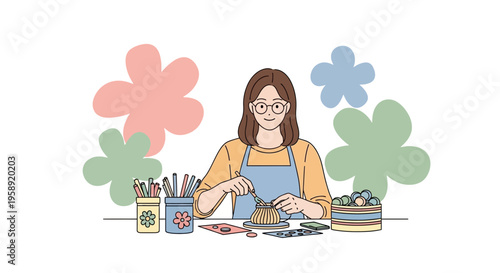 Creative Crafting Session With Art Supplies And Flowers