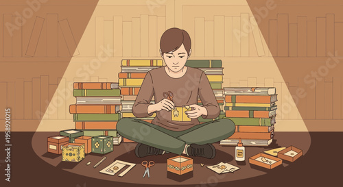 Creative Crafting Session Surrounded By Stacks Of Books