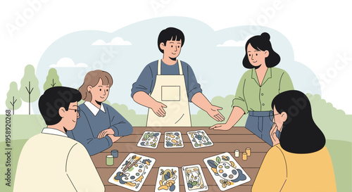 Creative Family Gathered Outdoors Playing Card Game With Art Supplies Displayed
