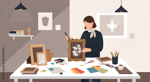 Creative Hobbyist Framing Botanical Art In A Cozy Studio Setting