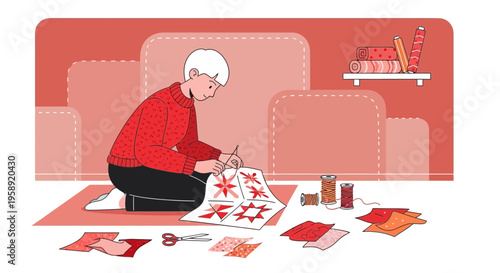 Creative Hobbyist Handcrafting A Quilt With Fabric And Thread