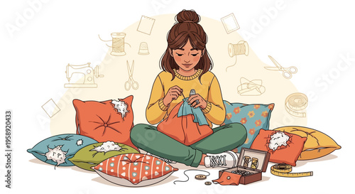 Creative Hobbyist Sewing Cushions Surrounded by Crafting Tools