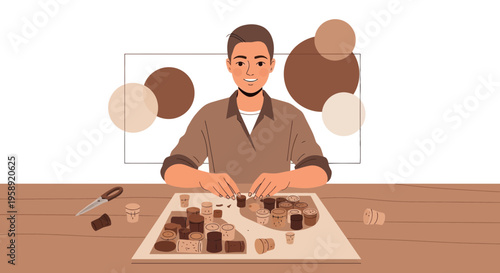 Creative Man Assembling Corks Into Artistic Design Project