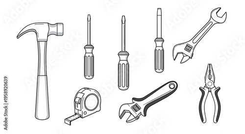 Cartoon line art drawing of various hand tools set