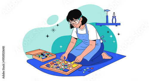 Creative Mosaic Artist Crafting Vibrant Artwork With Colorful Tiles