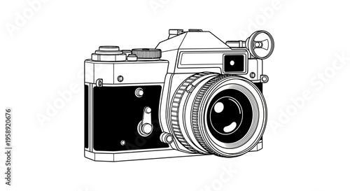 Classic vintage film camera outline illustration in black and white