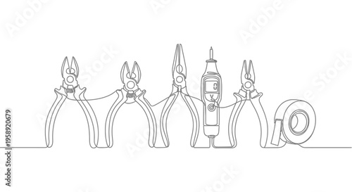 Continuous line art of various electrical and hand tools