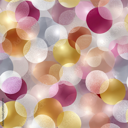Soft shimmer confetti dust background with overlapping translucent circles in gold, pink, white, and purple hues creating festive and elegant atmosphere