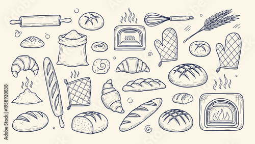 Freshly baked bread assorted pastry types rolling pin oven flour sack wheat and kitchen equipment hand drawn vector illustration doodle art