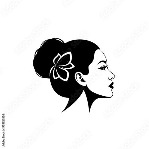 Elegant woman profile with hair bun and flower design