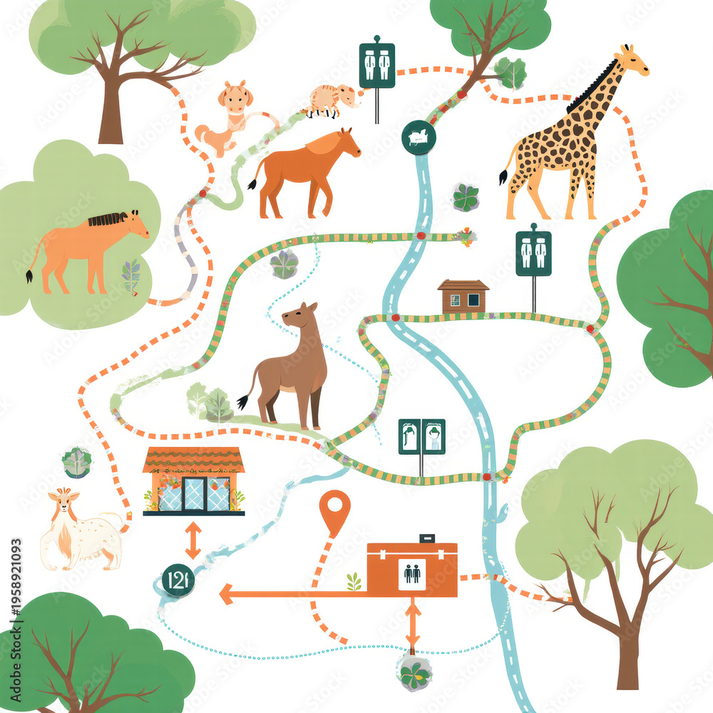 Naklejka premium Colorful Map of Animal Park with Paths and Symbols