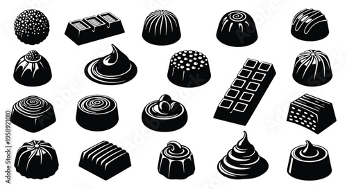 Chocolate Pralines Silhouette Icon Set Assorted Cocoa Candy Collection Isolated