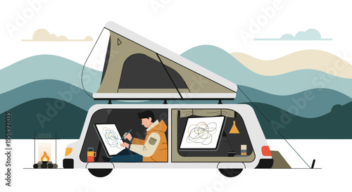 Creative Nomad Drawing Inside Camp Van With Scenic Mountain Background