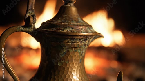 Antique brass cezve and cup in front of a warm fireplace, rustic kitchenware, cozy atmosphere, steam rising, traditional coffee preparation
