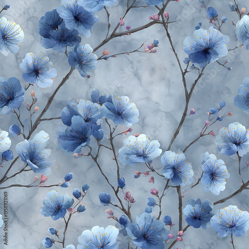 Soft watercolor blue blossom wallpaper with delicate branches and gentle petals creates calming and aesthetic floral tile pattern perfect for serene interior design
