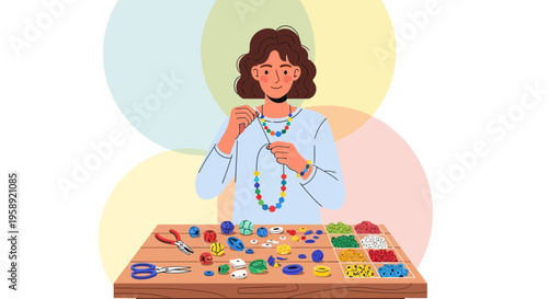 Creative Person Crafting Handmade Jewelry With Colorful Beads And Tools