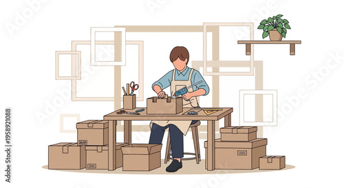 Creative Person Crafting Boxes With Glue Gun At Workbench