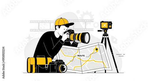 Creative Photographer Planning Route Adventure With Camera Gear And Map