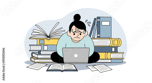 Stressed Student Studying Online with Laptop, Exam Pressure and Information Overload Education Concept Vector Illustration