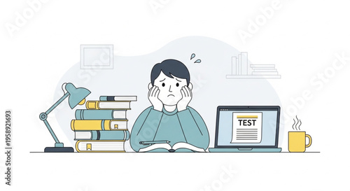 Academic Pressure and E Learning Struggle, Frustrated Student Facing Workload and Information Overload Vector Illustration