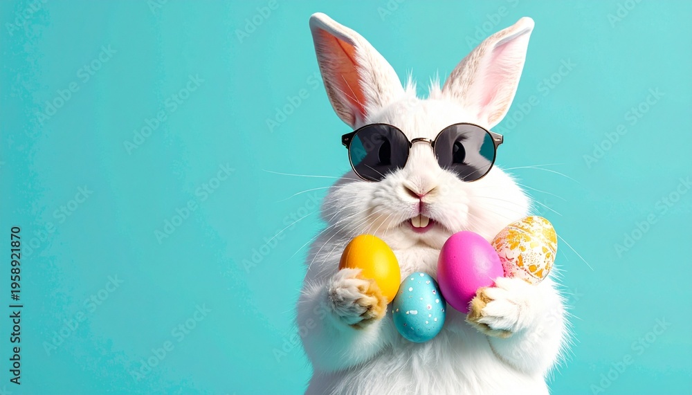 Fototapeta premium An easter bunny rabbit wearing sunglasses holding colourful easter eggs