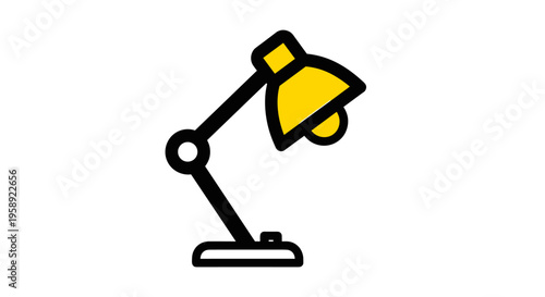 A simple yellow and black line art icon of an adjustable desk lamp isolated on a white background
