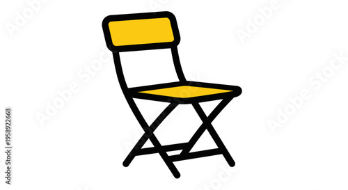 A simple yellow folding chair illustrated with bold black outlines on a clean white background