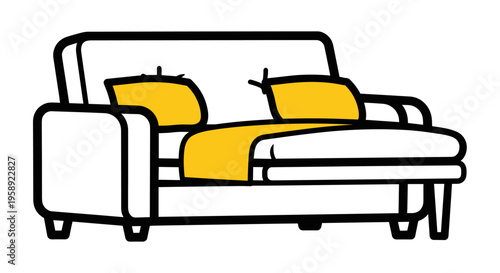 A simple line art illustration of a comfortable couch with yellow cushions and a matching throw