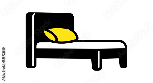 A simplified graphic illustration of a single bed with a black frame and a bright yellow pillow