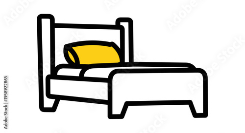 A simple hand drawn illustration of a single bed with a yellow pillow on a white background icon