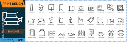 Print design icon set featuring prepress publishing tools and layout equipment