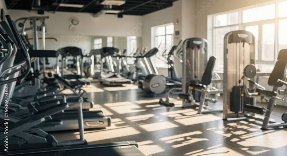 Fototapeta premium Modern Empty Gym Interior with Sunlight Streaming Through Windows and Various Exercise Equipment.