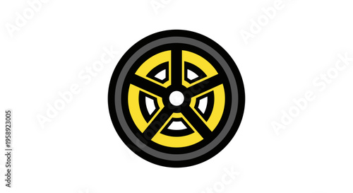 A minimalist flat vector illustration of a yellow five-spoke car wheel on a clean white background