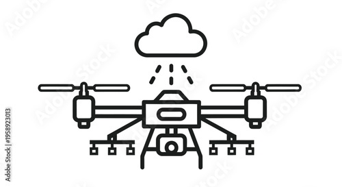 Line art illustration of a drone with a camera positioned below a cloud