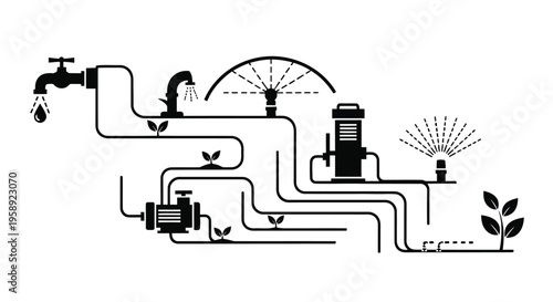 Illustration of an irrigation system with pipes sprinklers and plants