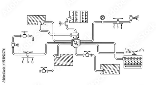 Schematic diagram of an industrial sprinkler system with valves and gauges