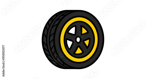 A detailed illustration of a black vehicle tire with a vibrant yellow wheel rim on white background