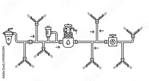 Line drawing of an irrigation system with sprinklers pipes and a water filter
