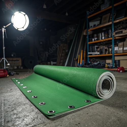 Rolled Green Screen Material with Silver Grommets in a Studio Setting