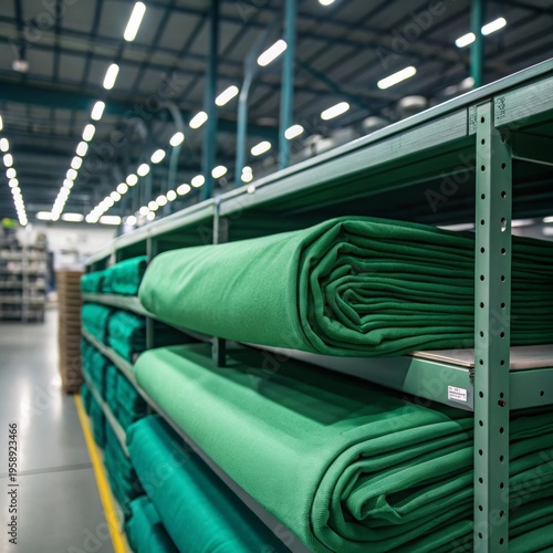 Neatly folded rolls of seamless green fabric stored on industrial shelving in a bright warehouse, showcasing textile inventory for manufacturing and wholesale distribution.