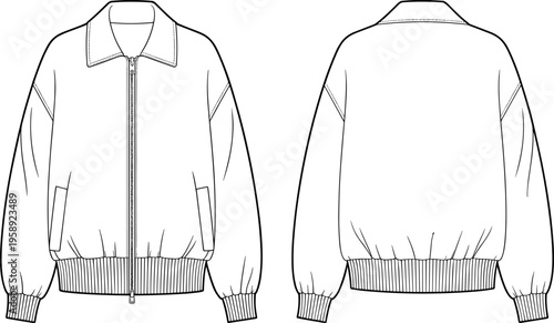 Front and back view bomber jacket technical fashion vector illustration with zipper closure ribbed cuffs waistband classic collar outerwear template isolated minimalist line drawing