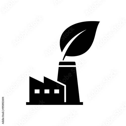 black solid silhouette of factory with leaf emission concept