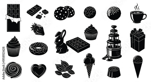 Chocolate Desserts Silhouette Icon Set Cocoa Sweets Collection with Cakes Candy and Drinks