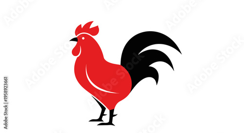 Bold rooster logo design on a white background with red and black color scheme