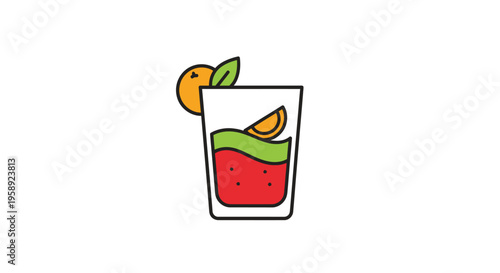 Colorful illustration of a layered cocktail with orange slice and leaf garnish design