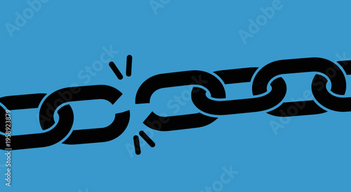 Conceptual image of a broken chain on a blue background symbolizing freedom and release
