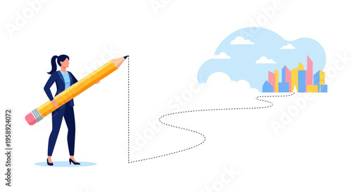 Creative Visionary Drawing Business Future City Skyline With Giant Pencil