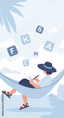 Creative Writer Relaxing in Hammock With Falling Letters Concept