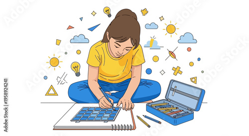 Creative Young Artist Engaged In Drawing And Learning With Colorful Pencils And Supplies